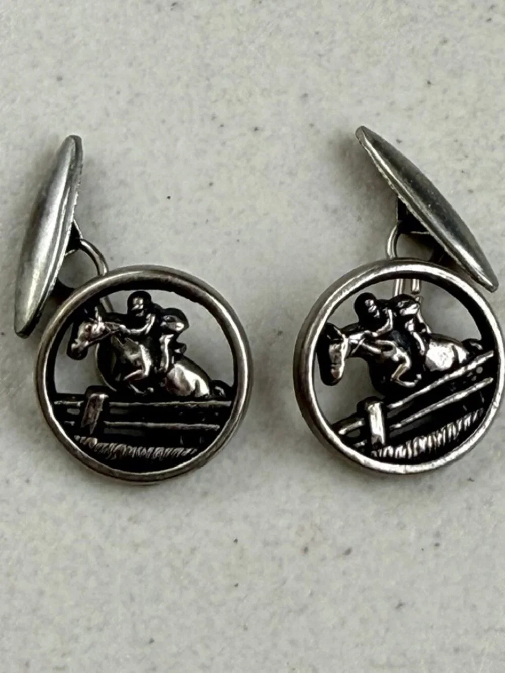 Vintage Equestrian Cuff Links 70s Silver Tone Metal Horseback Riding Cufflinks